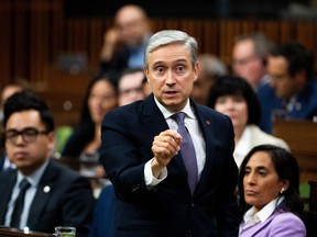 Minister of Innovation, Science and Industry François-Philippe Champagne rises during Question Period on Parliament Hill in Ottawa, on Thursday, Oct. 5, 2023.