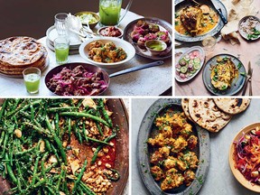 Clockwise from top left: meat feast, whole roasted cauliflower in a creamy coconut and chili sauce, tandoori chicken tikka and chargrilled green beans with roasted peanuts, sesame seeds, chili and lemon