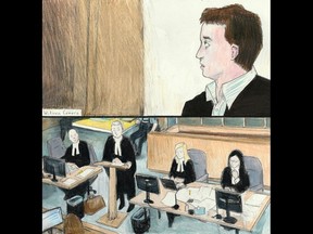 Nathaniel Veltman testifies at his murder trial in Windsor on Oct. 13, 2023 (top); From left to right, defence lawyers Peter Ketcheson and Christopher Hicks ask questions while assistant Crown attorney Jennifer Moser and federal prosecutor Sarah Shaikh look on (bottom). (Charles Vincent/The London Free Press)