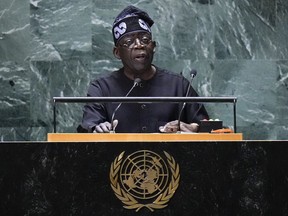 Bola Ahmed Tinubu, President of Nigeria, addresses the 78th session of the United Nations General Assembly, Tuesday, Sept. 19, 2023 at U.N. headquarters.