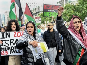 Young adults in Montreal protest for Palestinians.