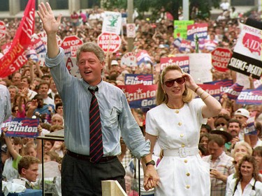 Democratic presidential candidate Bill Clinton and his wife, Hillary, at a July 1992 rally in St. Louis.
