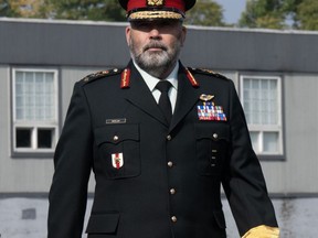 Lt.-Gen. Steven Whelan makes his way to a court martial proceedings, Thursday, September 28, 2023 in Gatineau, Que.
