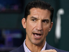 Arizona Diamondbacks general manager Mike Hazen talks with reporters before Game 2 of the baseball World Series against the Texas Rangers Saturday, Oct. 28, 2023, in Arlington, Texas.