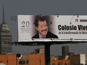 FILE - A billboard of slain Mexican presidential candidate Luis Donaldo Colosio reads in Spanish, "Colosio lives in Mexico's Transformation" in Mexico City, March 23, 2014, on the 20th anniversary of his death. Mexico's President Andrés Manuel López Obrador said on Oct. 12, 2023 that Colosio's assassination was a government-sponsored killing.