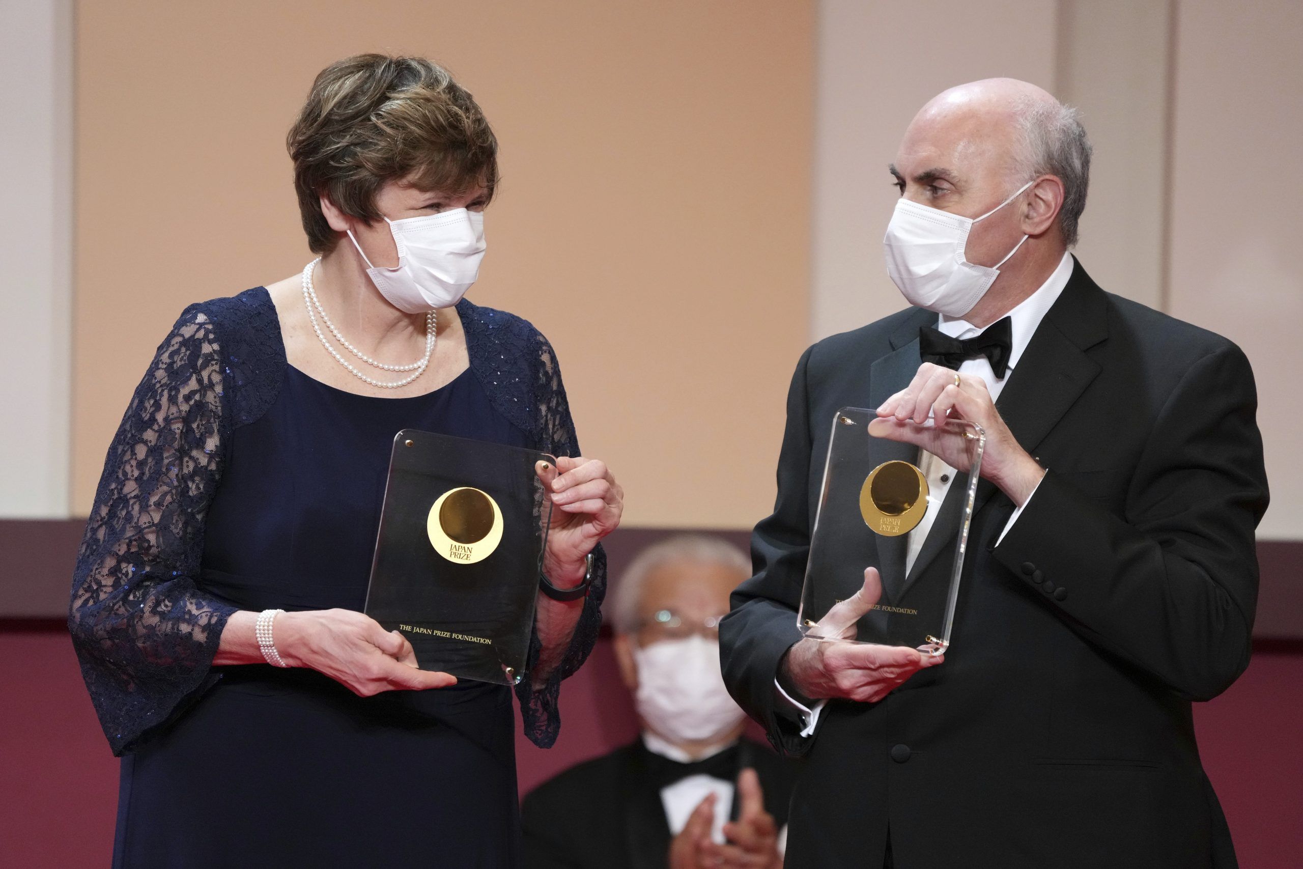 From left, Katalin Kariko and Drew Weissman during the Japan Prize presentation in 2022. The two just won the Nobel Prize in medicine.