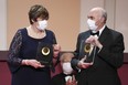 Nobel Prize in medicine winners Katalin Kariko, left, and American physician-scientist Drew Weissman