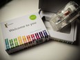 A saliva collection kit for DNA testing.