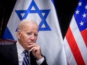 United States President Joe Biden joins Israel's Prime Minister for the start of the Israeli war cabinet meeting, in Tel Aviv on Oct. 18, 2023, amid the ongoing battles between Israel and the Palestinian group Hamas.