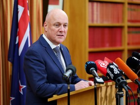Incoming Prime Minister and National Party leader Christopher Luxon speaks during a media stand-up at Parliament on November 3, 2023 in Wellington, New Zealand.