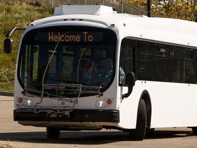 The first electric test bus is seen at the Centennial Transit Garage in Edmonton on Sept. 19, 2019.