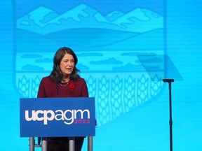 Premier Danielle Smith is shown at the UCP Annual General Meeting in Calgary on Saturday, November 4, 2023.