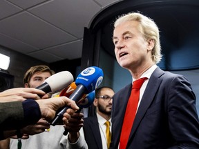Leader of the Party for Freedom (PVV) Geert Wilders speaks to the press after a meeting with Speaker of the House at the House of Representatives in The Hague, on November 24, 2023. After his shock election win, far-right Dutch firebrand Geert Wilders on Friday kicked off the formal process of building a government coalition, battling to convince reluctant rivals to serve under him as premier.