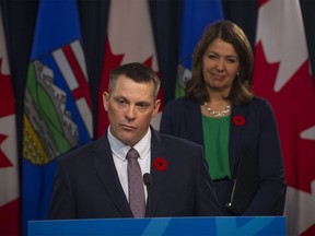Alberta Premier Danielle Smith and Minister of Finance Nate Horner at the Alberta Legislature on Wednesday, November 1, 2023.