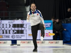 Italian skip Joel Retornaz reacts to his final shot in the eighth end during play against Team Norway during the qualification game at the Men's World Curling Championship, Saturday, April 8, 2023 in Ottawa. A breakout season has made Retornaz the favourite entering the upcoming European Curling Championships in Scotland.