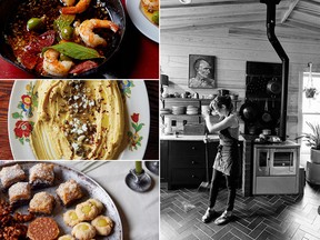 Clockwise from right: chef and James Beard Award-winning food writer Amy Thielen, mincemeat baklava, devilled egg dip and cast-iron garlic shrimp with chorizo and green olives