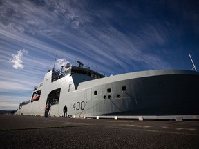 The Royal Canadian Navy's newest Arctic and Offshore Patrol Ship, HMCS Harry DeWolf, docks in Victoria on Oct. 3, 2021.