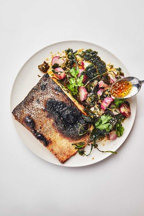 Crispy-skinned salmon with radishes and nuoc cham