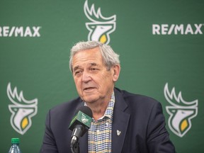 Rick LeLacheur talks about his return as Edmonton Elks Interim President and CEO in Edmonton, Tuesday, Aug. 22, 2023.&ampnbsp;Edmonton's CFL team has struck a committee to review its ownership structure.
