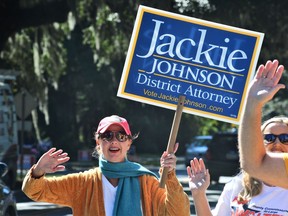 FILE - In this Tuesday, Nov. 3, 2020, photo, District Attorney Jackie Johnson campaigns for reelection on St. Simons Island, Ga. A Georgia judge has refused to dismiss misconduct charges Tuesday, Nov. 28, 2023, against former prosecutor Jackie Johnson accused of hindering the investigation into the 2020 killing of Ahmaud Arbery.