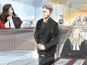 A landmark trial that put Canada's terrorism laws in the spotlight has culminated in a guilty verdict, but what role terror allegations played in the jury's decision to convict Nathaniel Veltman in a deadly attack on a Muslim family will remain a mystery. Justice Renee Pomerance, left to right, Veltman, and Crown Prosecutor Kim Johnson are seen as the verdict is read in the Superior Court of Justice in Windsor, Ont., in a courtroom sketch made on Thursday, Nov. 16, 2023.