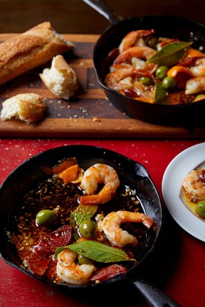 Cast-iron garlic shrimp with chorizo and green olives