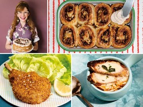 Clockwise from top left: Television host and author Mary Berg, apple cinnamon biscuit buns, Irish onion soup, and brine and bake pork chops