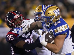 Winnipeg Blue Bombers running back Brady Oliveira said Tuesday that his agent is talking to NFL teams to try to get him workouts, parlaying the personal success he had this CFL season into achieving another dream.&ampnbsp;Oliveira (20) scores a touch down as he stiff arms Montreal Alouettes defensive back Reggie Stubblefield (35) during the first half of football action at the 110th CFL Grey Cup in Hamilton, Ont., Sunday, Nov. 19, 2023.
