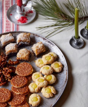 Mincemeat baklava, olive oil thumbprints with lemon curd, sesame pralines and lacquered walnuts
