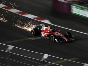 Ferrari driver Carlos Sainz, of Spain, drives during the second practice for the Formula One Las Vegas Grand Prix auto race, Friday, Nov. 17, 2023, in Las Vegas.