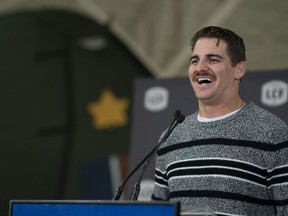 Montreal Alouettes quarterback Cody Fajardo speaks to the media in Hamilton, Ont. on Monday, Nov. 13, 2023. Fajardo's playoff moustache is getting some love at the Grey Cup. HE CANADIAN PRESS/Peter Power