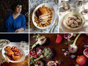 Clockwise from top left: Rome-based photographer and food writer Saghar Setareh, pork roast with pears and chestnuts, little "chestnuts" that are really almond cookies, pomegranates and artichokes, and savoury stuffed apples