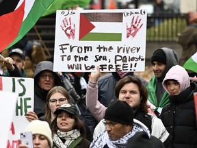 A person holds up a sign during a pro-Palestine rally in Montreal, Sunday, Nov. 12, 2023.