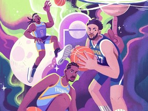 Basketball-themed artwork entitled "Cosmic Canadians," by Kelly Wan is shown in a handout. A pair of Canadian artists hope that their community grows right alongside the country's burgeoning basketball culture. Mark Serrano and Wan are two Toronto-based artists participating in the NBA's Represent project, a season-long campaign and digital campaign promoting the record number of Canadians playing in the NBA.