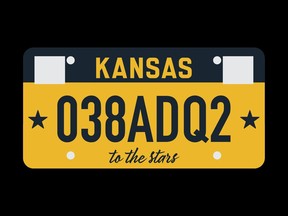 This art illustration from the Kansas Department of Revenue, provided on Tuesday, Nov. 28. 2023, shows the design for a new, standard vehicle license plate that the state had planned to start issuing in March 2024. Criticism of the design has prompted Gov. Laura Kelly to halt its production and promise a public vote on several possible designs. (Kansas Department of Revenue via AP)