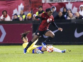 The inaugural CONCACAF W Gold Cup will be held next year in Houston, Los Angeles, San Diego and Carson, Calif., CONCACAF announced Tuesday. Canada's Deanne Rose gets past Brazil's Lauren during second half soccer action in Halifax, N.S., on Tuesday, October 31, 2023.