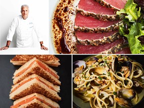 Clockwise from top left: chef Eric Ripert, herb-crusted yellowfin tuna, linguine vongole and smoked salmon 'croque-monsieur'
