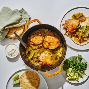 Seared and braised chicken thighs with zucchini and salsa verde