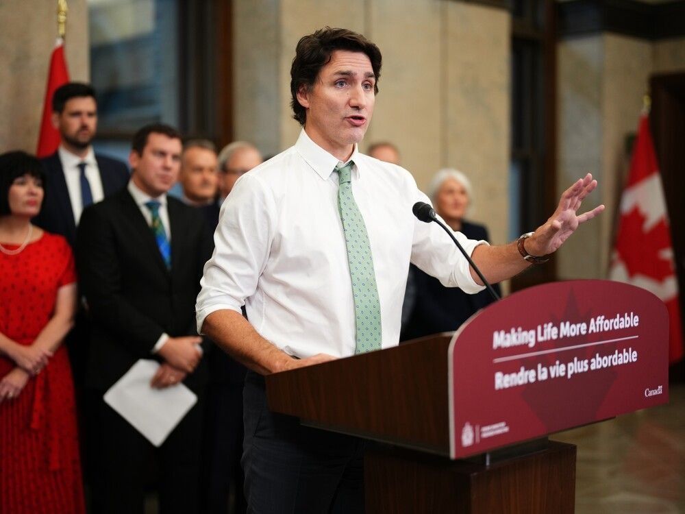 Prime Minister Justin Trudeau makes an announcement that the government will double the carbon price rebate for rural Canadians beginning next April during a news conference in Ottawa on Thursday, Oct. 26, 2023. 