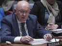 Russia's United Nations Ambassador Vasily Nebenzya addresses the U.N. Security Council before a vote on a resolution over the conflict between Israel and the Palestinians, Wednesday, Oct. 25, 2023 at U.N. headquarters.