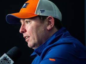 Edmonton Oilers head coach Jay Woodcroft speaks to the media after practice on Thursday, April 27, 2023, in Edmonton.