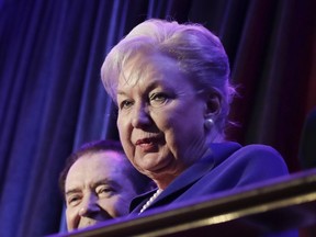 FILE - Federal judge Maryanne Trump Barry, older sister of Donald Trump, sits in the balcony during Trump's election night rally in New York, Nov. 9, 2016. Maryanne Trump Barry, a retired federal judge and former president Donald Trump's oldest sister, has died at age 86 at her home in New York.