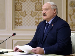 Belarus' President Alexander Lukashenko attends a session of the Collective Security Treaty Organisation (CSTO) in Minsk, Belarus, Thursday, Nov. 23, 2023.