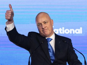 New Zealand National Party leader and Prime Minister elect Christopher Luxon gestures to supporters at a party event in Auckland, Saturday, Oct. 14, 2023, following a general election.