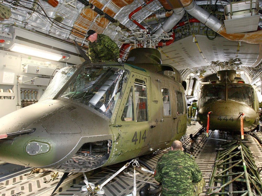 Canadian forces from Canadian Forces Base Borden, Squadron 400 secure two CH-146 Griffon helicopters from Canadian Forces Base Bagotville, on a C-17 Globemaster at Canadian Forces Base Trenton in Trenton, Ont., on Sunday Nov. 17, 2013. 