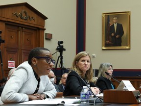 From left, Claudine Gay, president of Harvard University, Liz Magill, president of the University of Pennsylvania, and Sally Kornbluth, president of the Massachusetts Institute of Technology, testify before the House education and workforce committee in Washington, D.C., on Dec. 5.