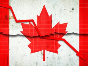 Recession graph with a red arrow on the Canada flag
