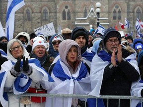 Demonstrators gather in support of the Jewish community, on Parliament Hill in Ottawa, Ontario, Canada, on Dec. 4, 2023.