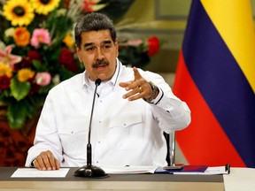 Venezuelan President Nicolás Maduro speaks during a press conference in Caracas on Nov. 18, 2023.