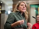Minister of Foreign Affairs Melanie Joly speaks about Canada's position on the Israel-Gaza situation in the Foyer of the House of Commons, Tuesday, December 12, 2023 in Ottawa. THE CANADIAN PRESS/Adrian Wyld